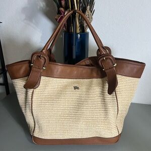 Authentic Burberry Raffia Straw Brown and Cream Tote Bag with COA